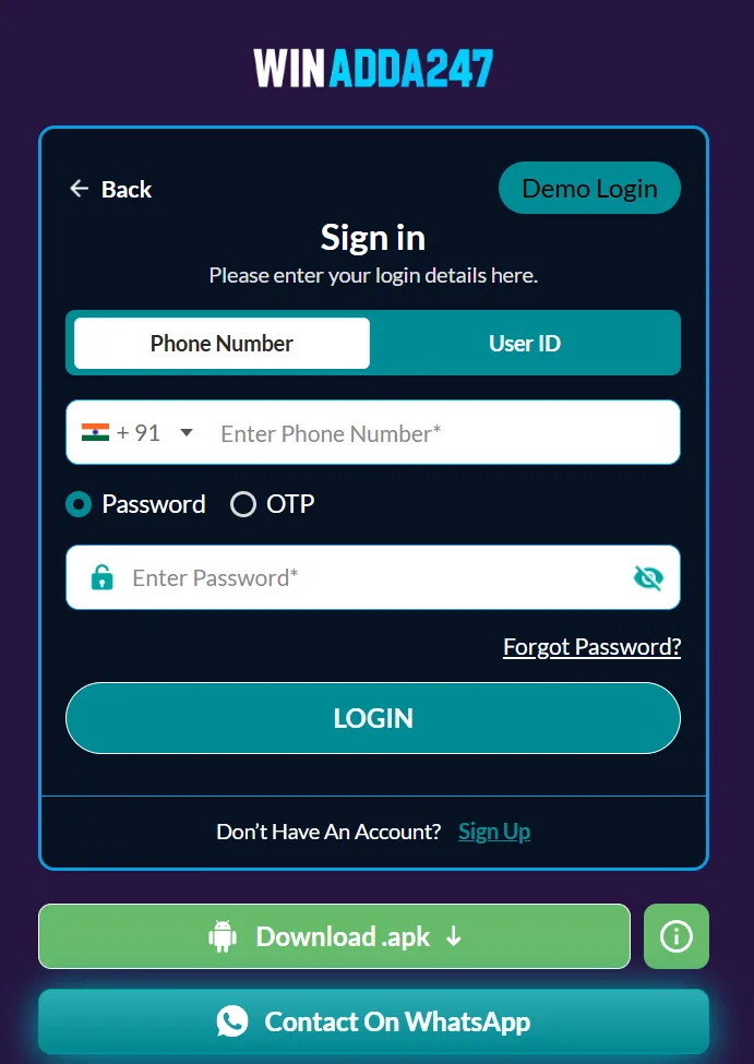 winadda officila login page and login to winadda